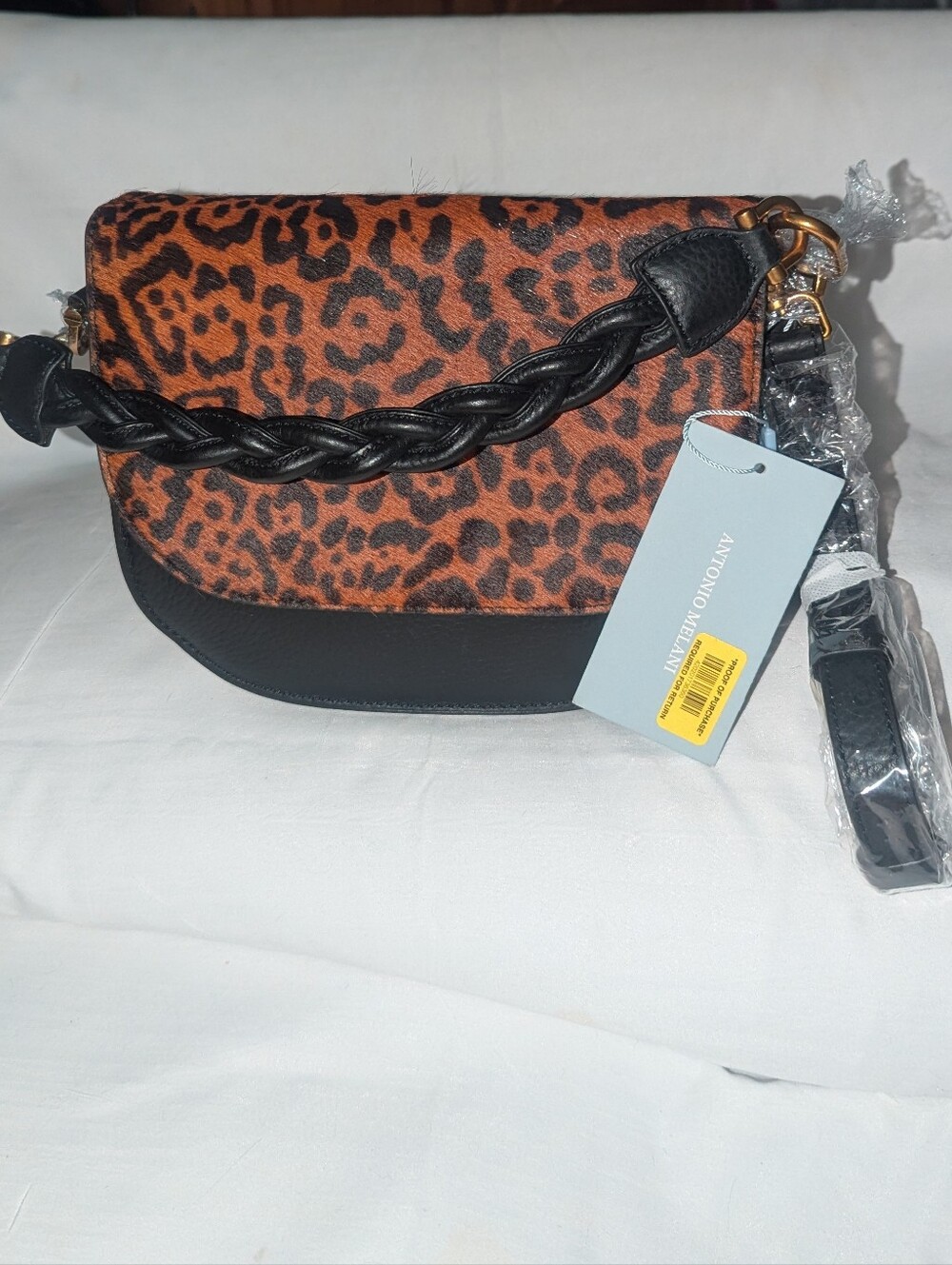 ANTONIO MELANI  Rosie Calf Hair Leopard Print Crossbody in Brown and Black NWT